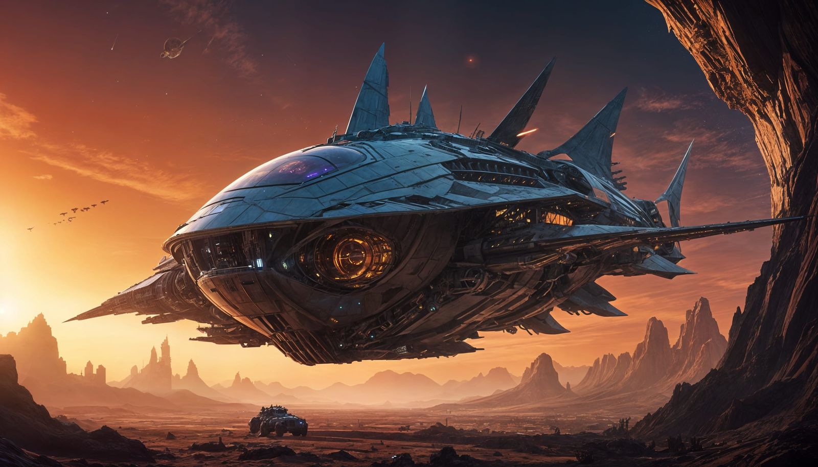 A colossal, city-sized deep space mining starship,  adorned ...