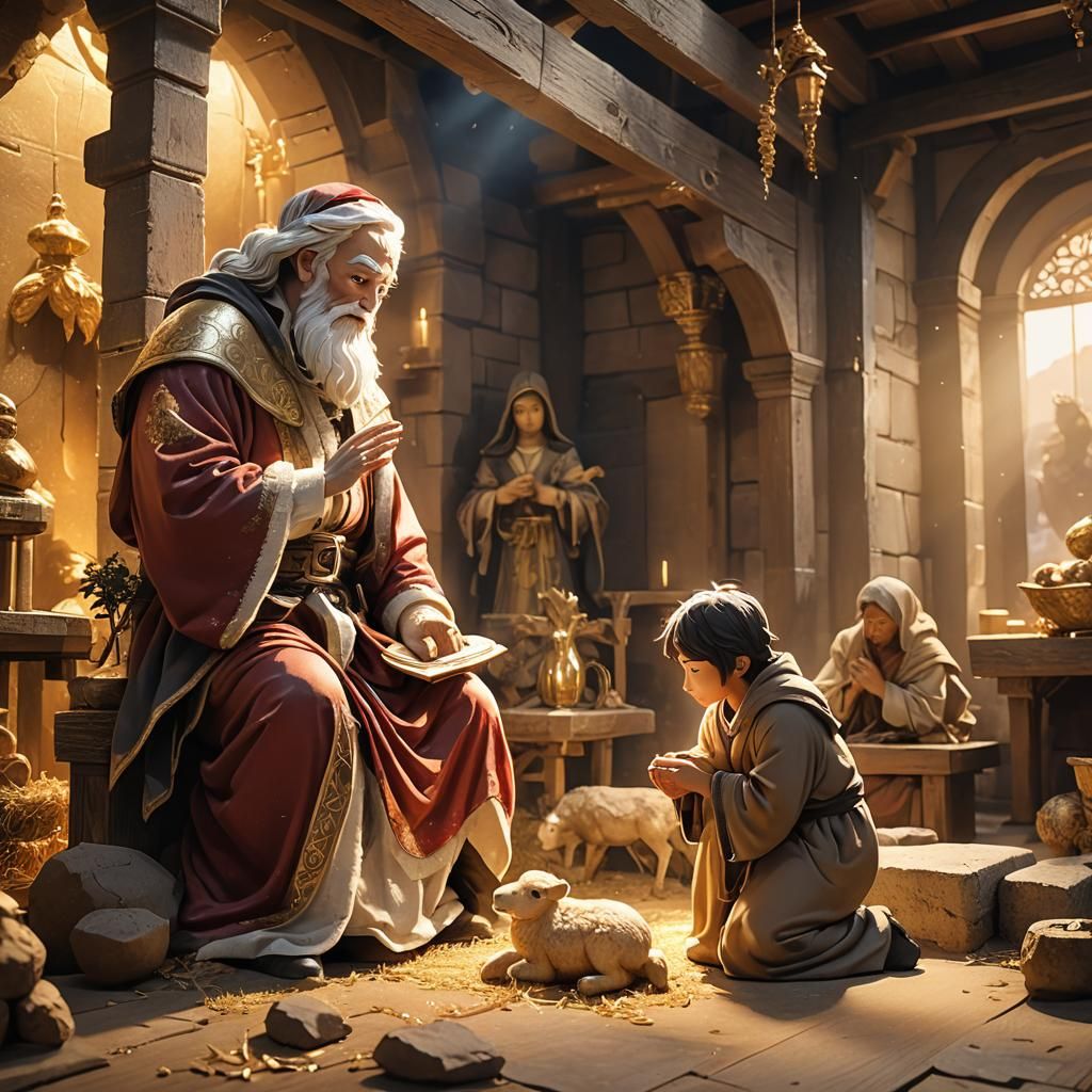 Santa Claus Kneeling Before Baby Jesus: 3D Anime Art