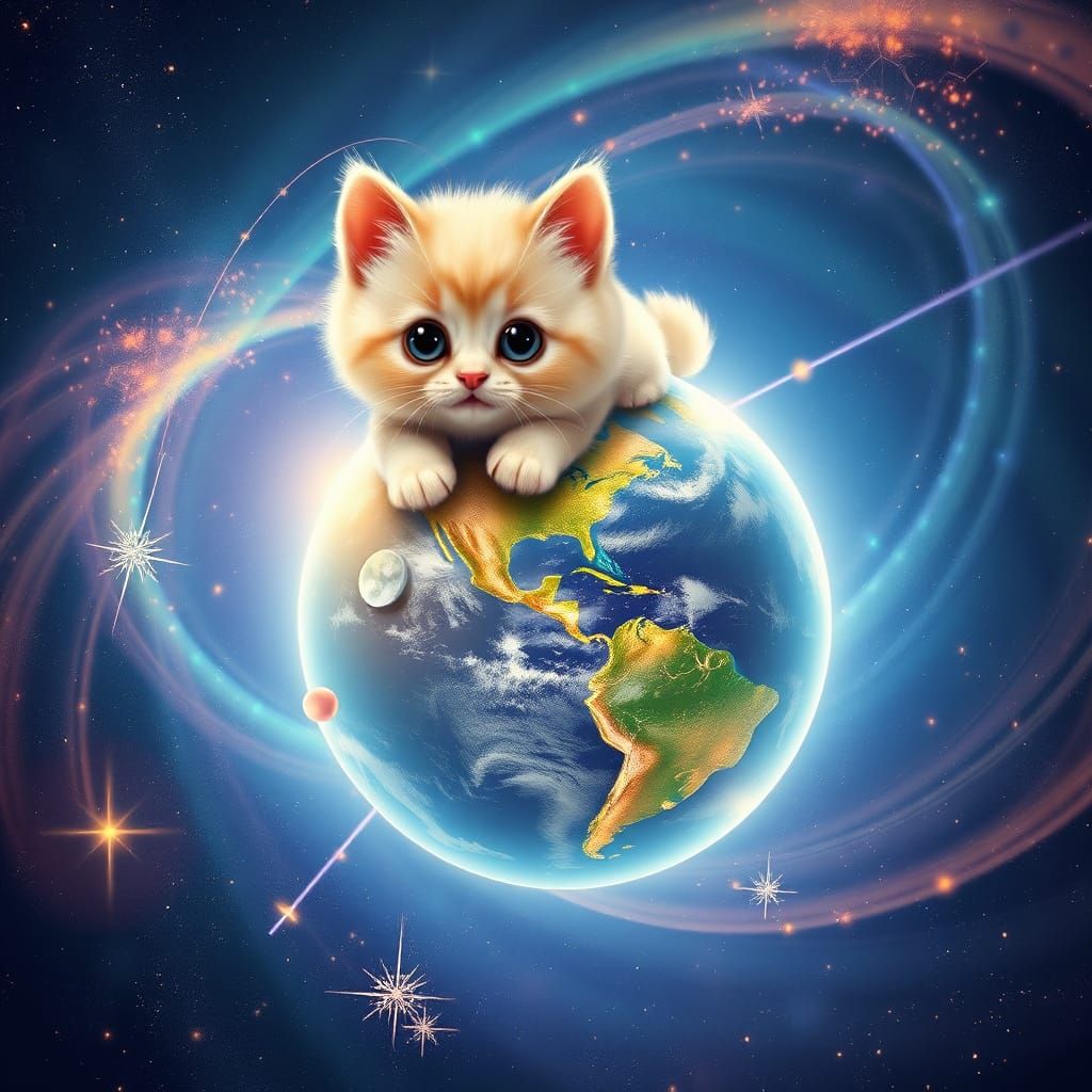 Whimsical Kitten Plays with Glowing Earth in Cosmic Wonderla...