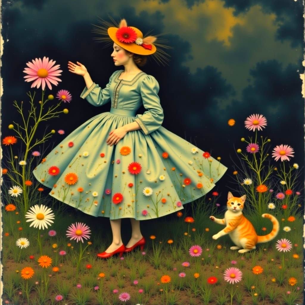 Whimsical Baroque Cats Dancing in Dreamlike Colors