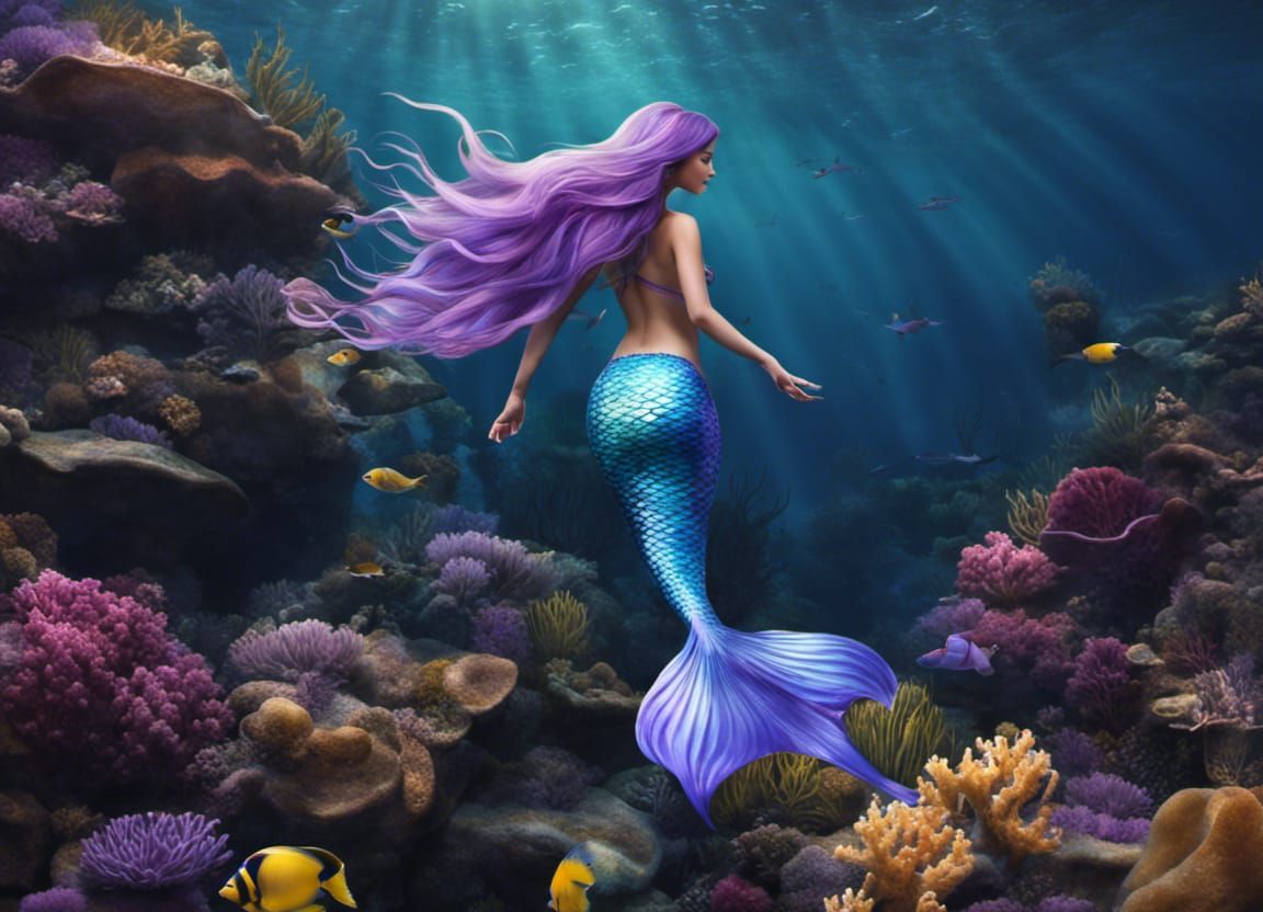 Beautiful Purple-Tailed Mermaid Swimming Underwater