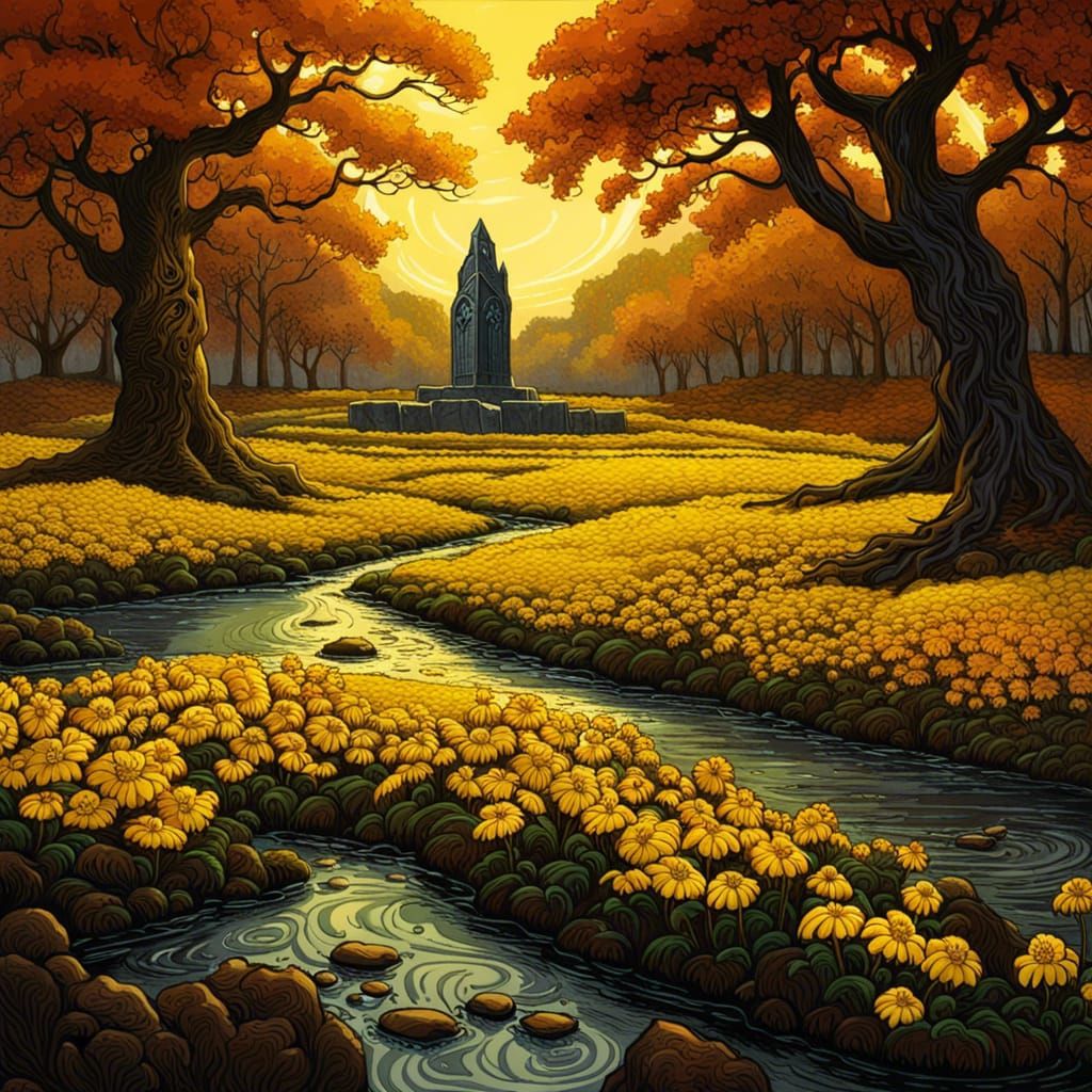 Gothic Meadow with Celtic Menhirs in Comic Book Art