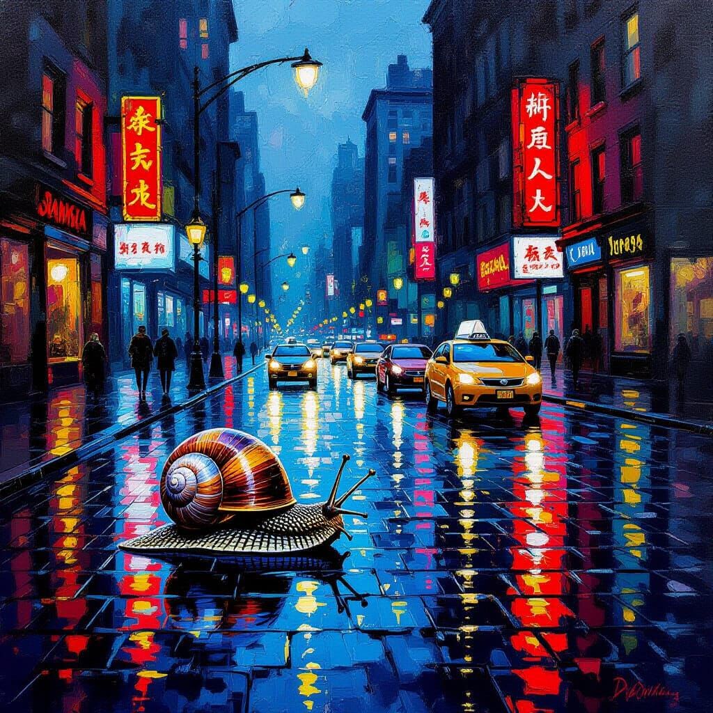 Snail on Wet Cobblestones: Urban Realism Oil Painting