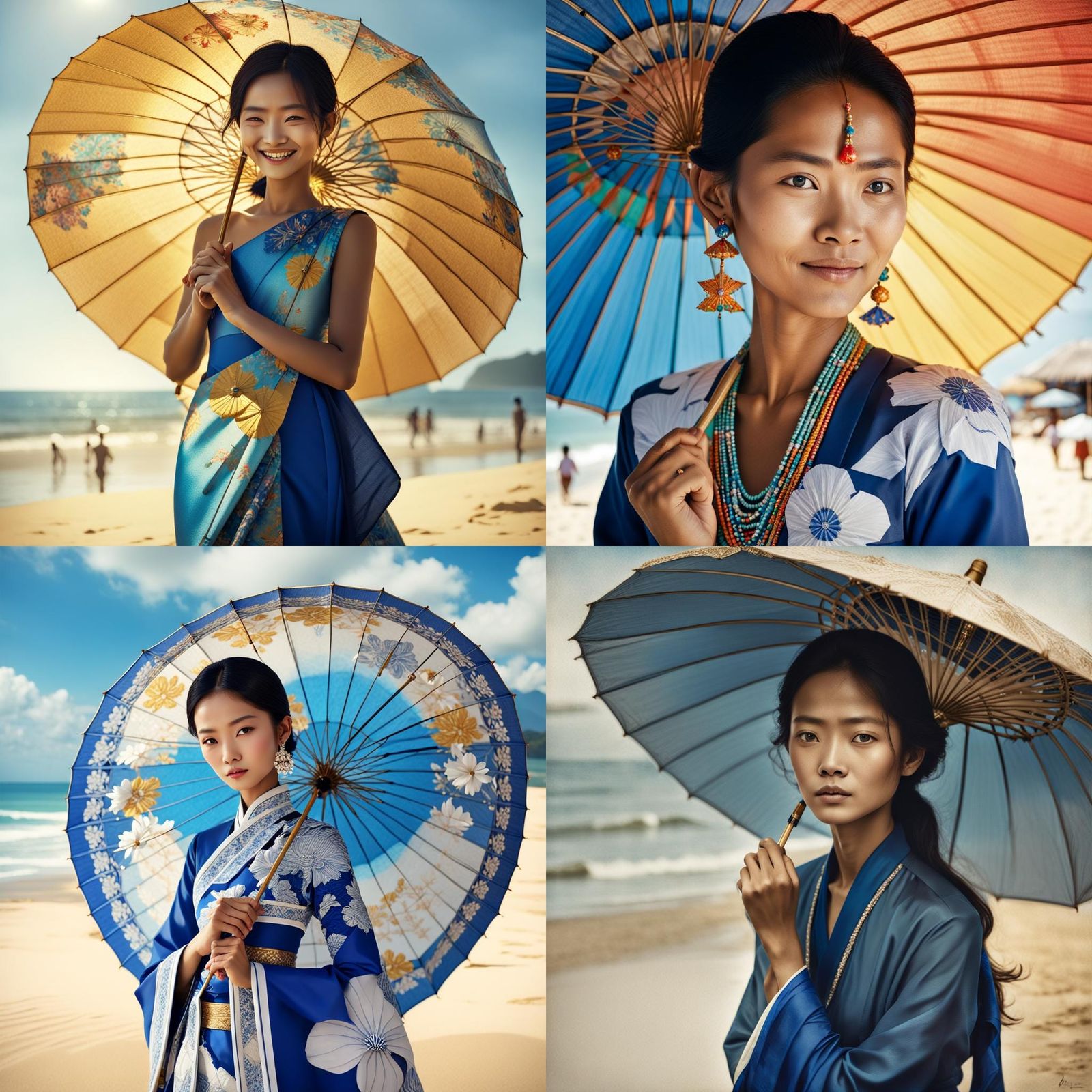 Burmese Woman with Pathein Umbrella on Golden Beach