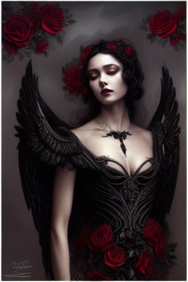 Dark Angel in Black Gown with Roses, Digital Art