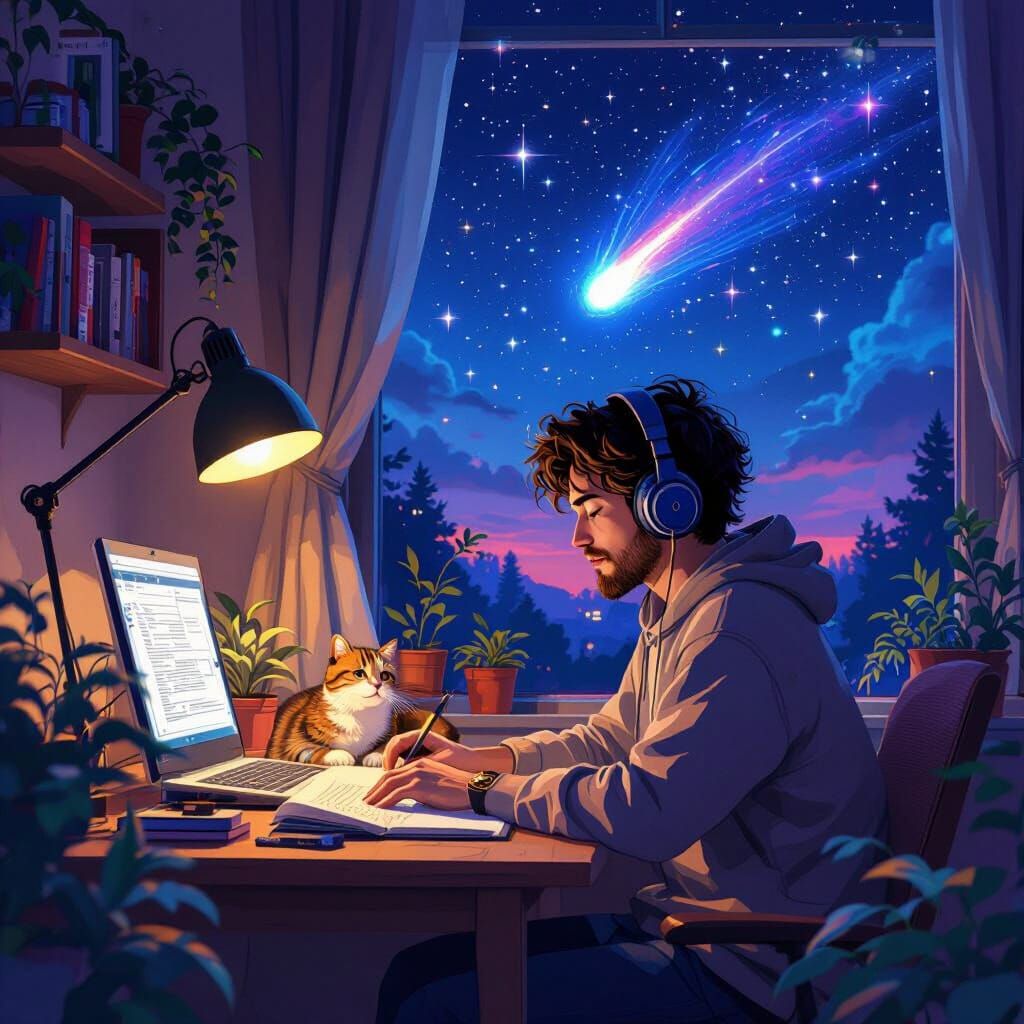 Lofi Study Scene: Man, Cat, and Comet at Night