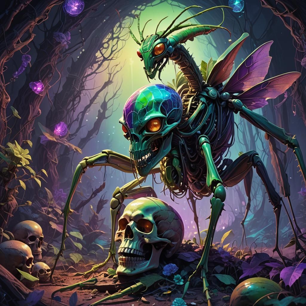 Giant Mantis on Skull in Psychedelic Dreamscape