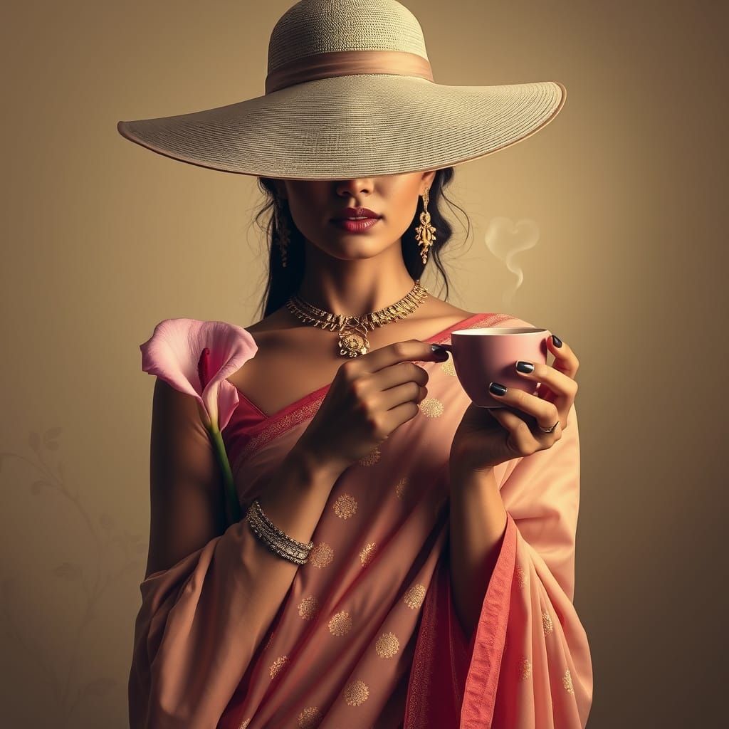 Elegant Woman in Golden Sari, Hyperrealistic Portrait