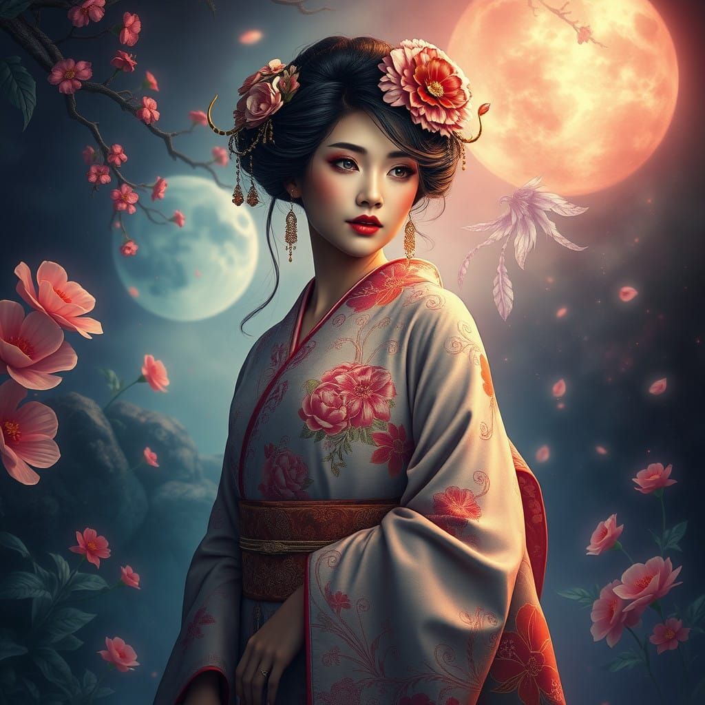 Elegant Woman in Lavish Kimono amidst Dreamlike Atmosphere
