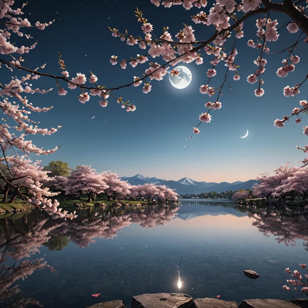 Crescent Moon and Cherry Blossoms by Glassy Lake