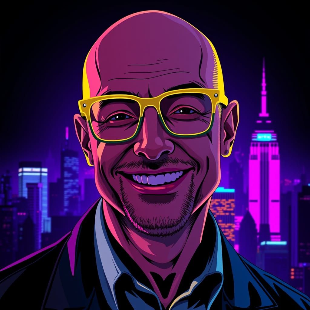 Man with Yellow Glasses in Neon Cityscape