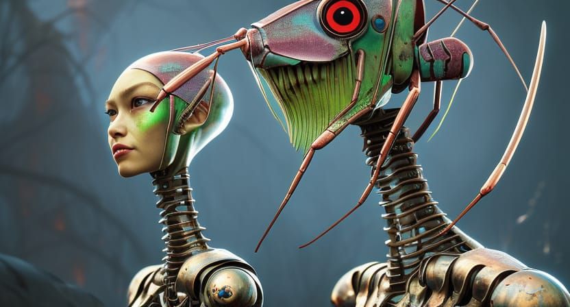 Rusted Cyborg Mantis Head Portrait in Comic Book Style