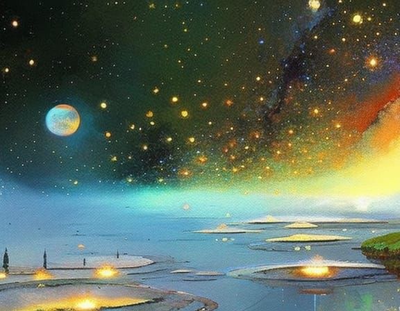 "Impressionistic Cosmic Melancholy". 16k resolution, art by Claude Monet, Disco Elysium. A sprawling cosmic vista, desol...