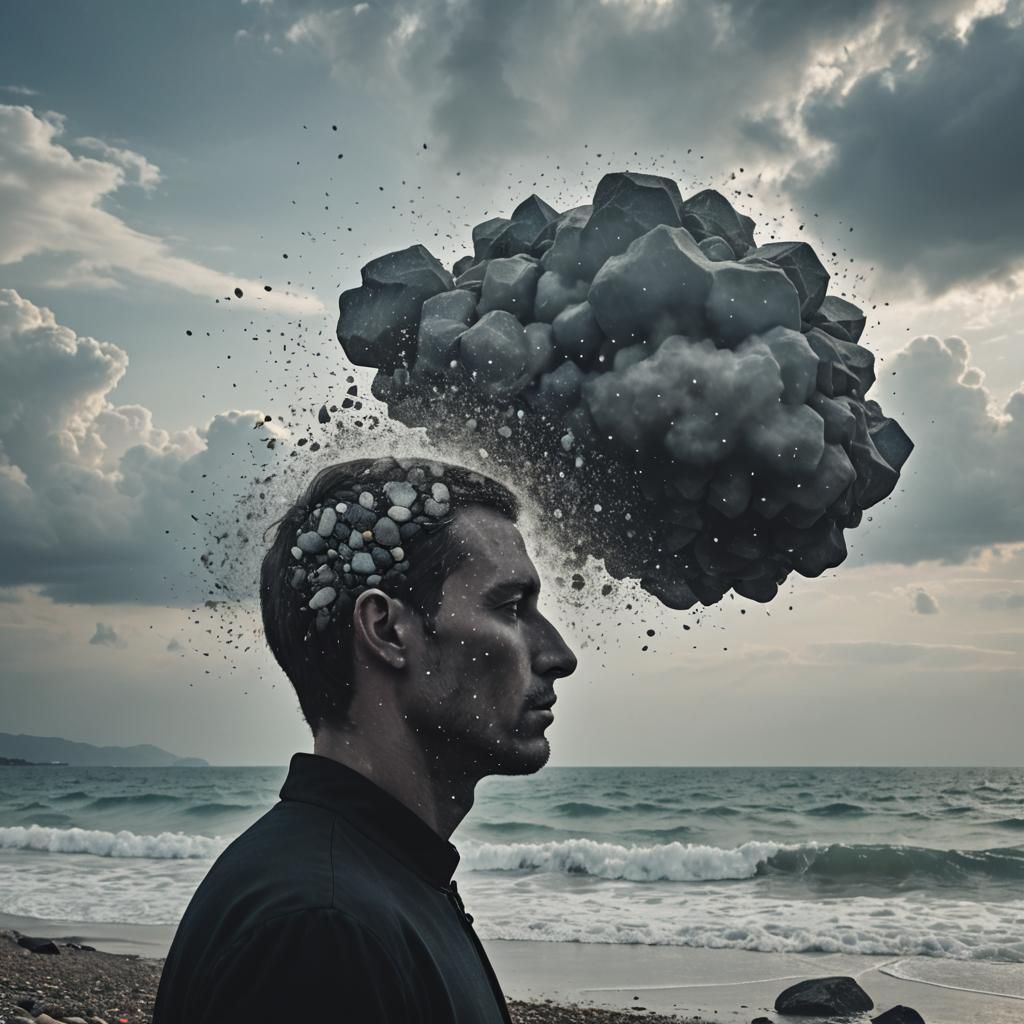 Surreal Portrait: Man's Head Dissolving into Particles