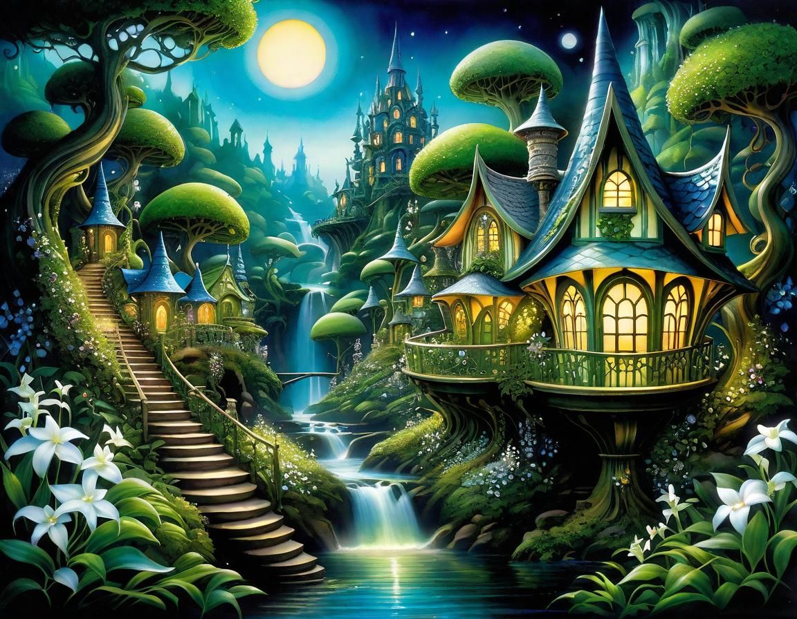 Enchanted Fairy Landscape in Mixed Media Style