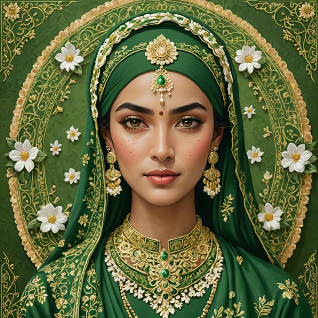 Woman in Green Headscarf with Floral Jewelry