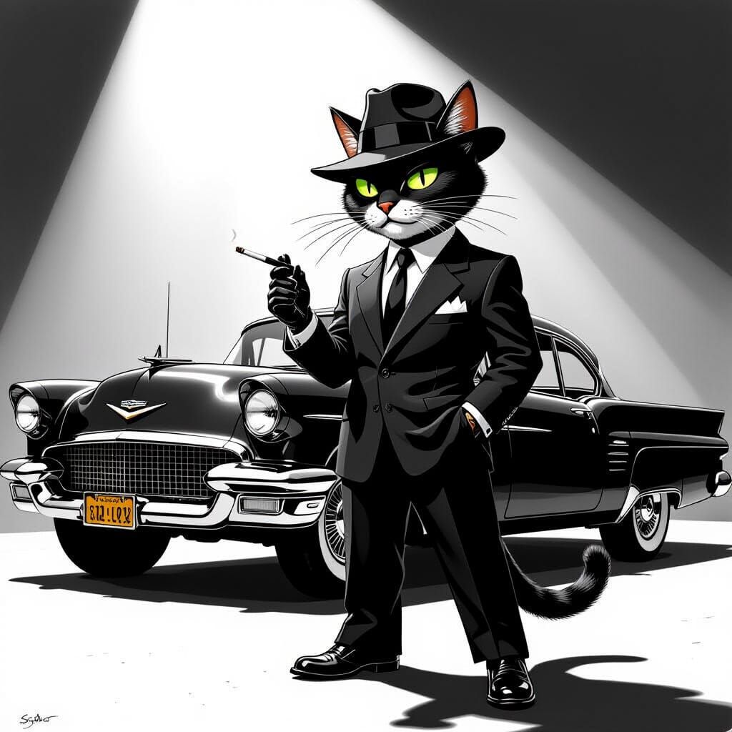 Robot Cat in Fedora: Noir Film Style