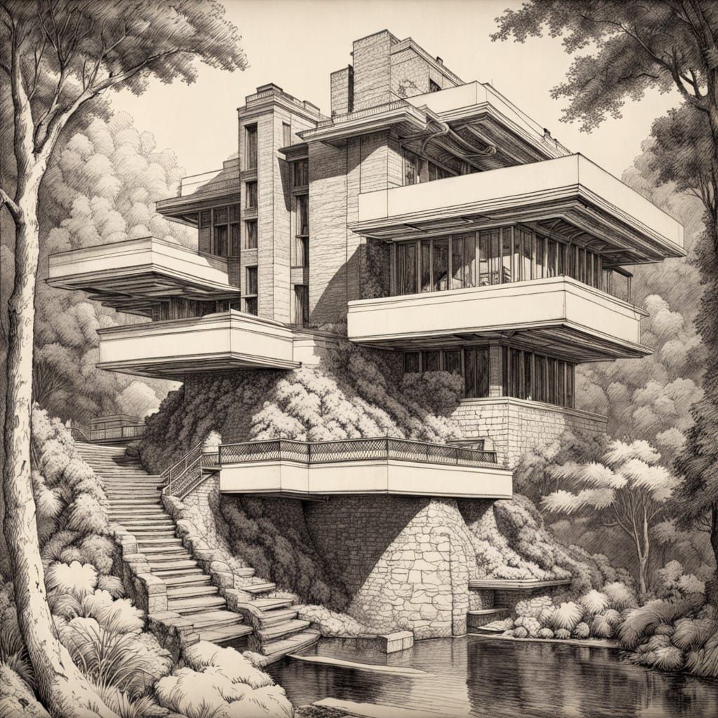 Elegant Falling Water Villa in Classic Pen and Ink Style