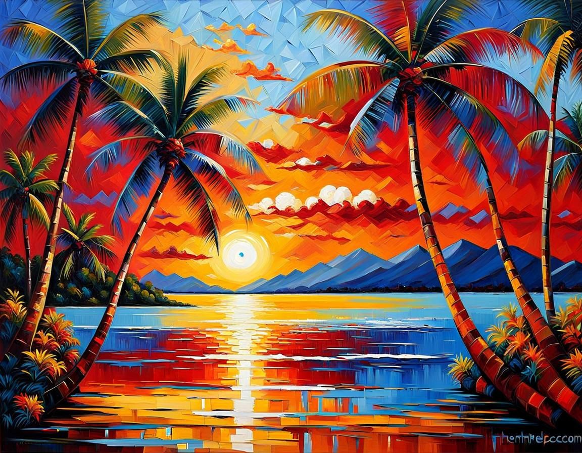 Island Oasis: Impasto Painting of a Summer Sunrise