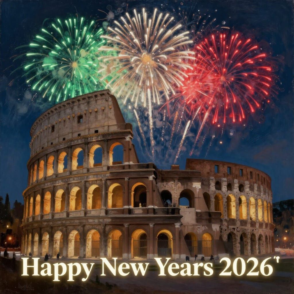 Colosseum New Year 2026 Oil Painting with Fireworks