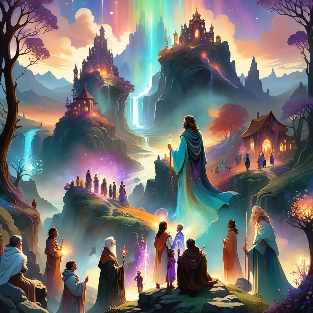Ethereal Gathering in Mystical Landscape: Fantasy Illustrati...