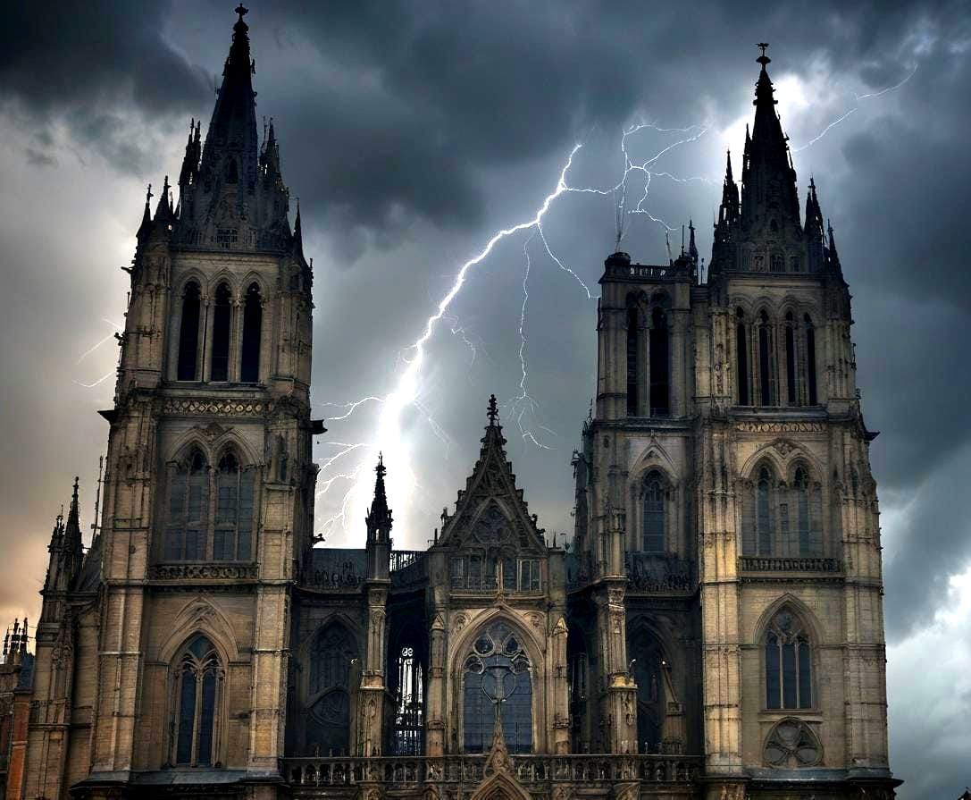 Gothic Cathedral Under Electrical Storm in Realism Style