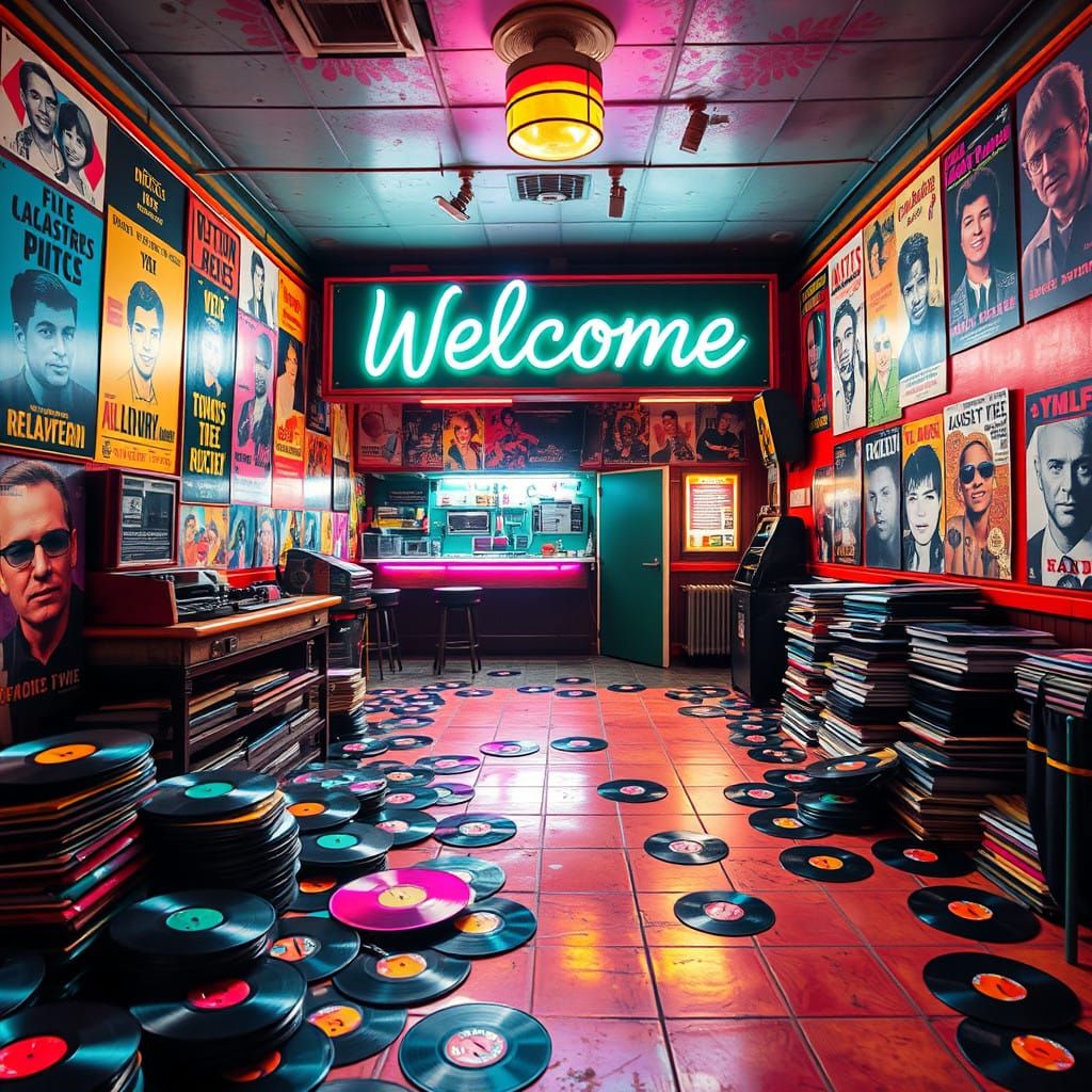 Vibrant Vintage Record Store with Vinyl Stacks and Neon Sign