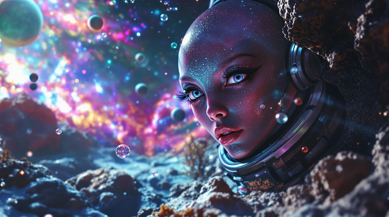 Gorgeous Female Alien in Latex Spacesuit Reads Asteroid Carv...