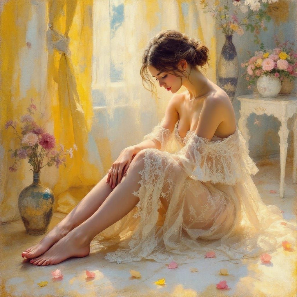 Young Woman in Ethereal Dress, Inspired by Impressionist Mas...