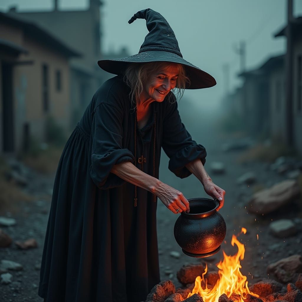 Elderly Woman in Witch Costume in Wasteland