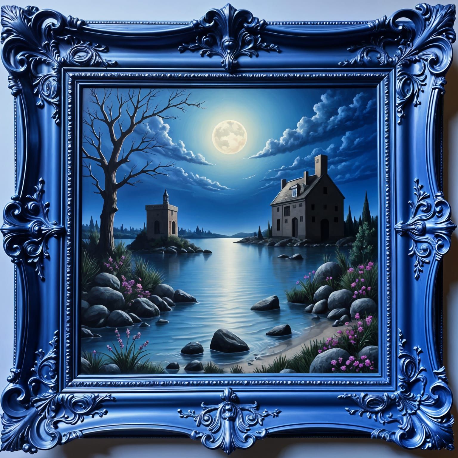 Cobalt Blue Painting in Ornate Frame