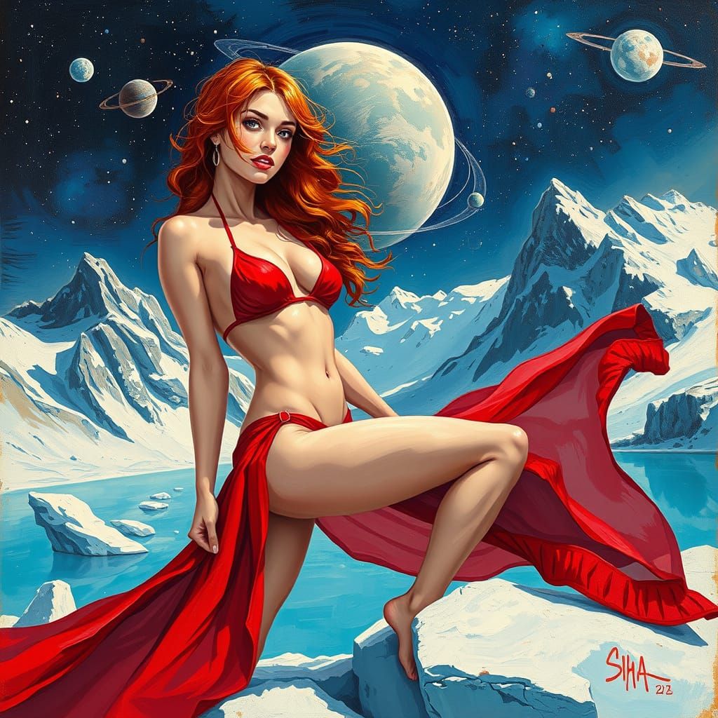 Red-Haired Space Woman on Glacier Planet in Sensual Style