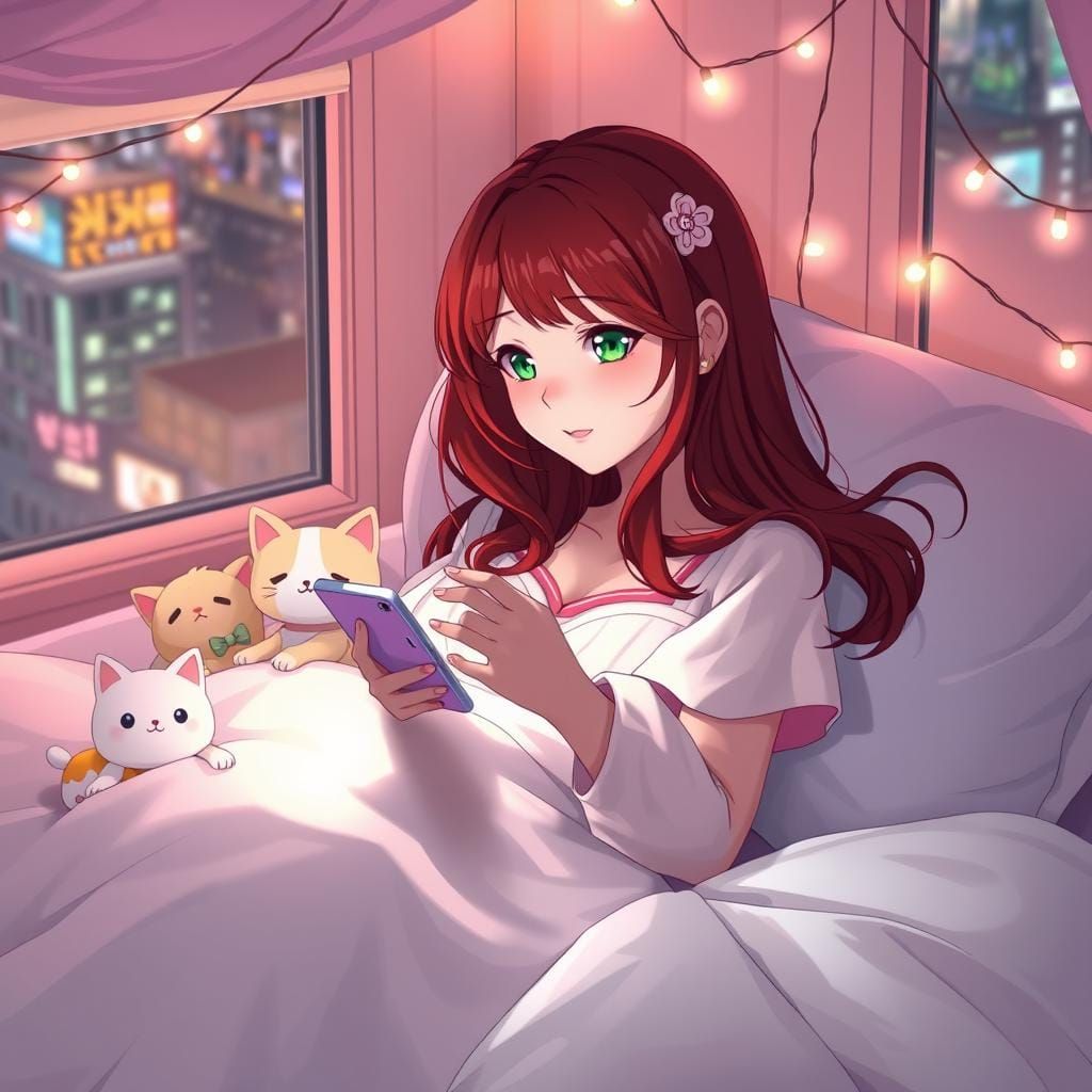 Japanese Woman in Bed: Modern Storybook Illustration