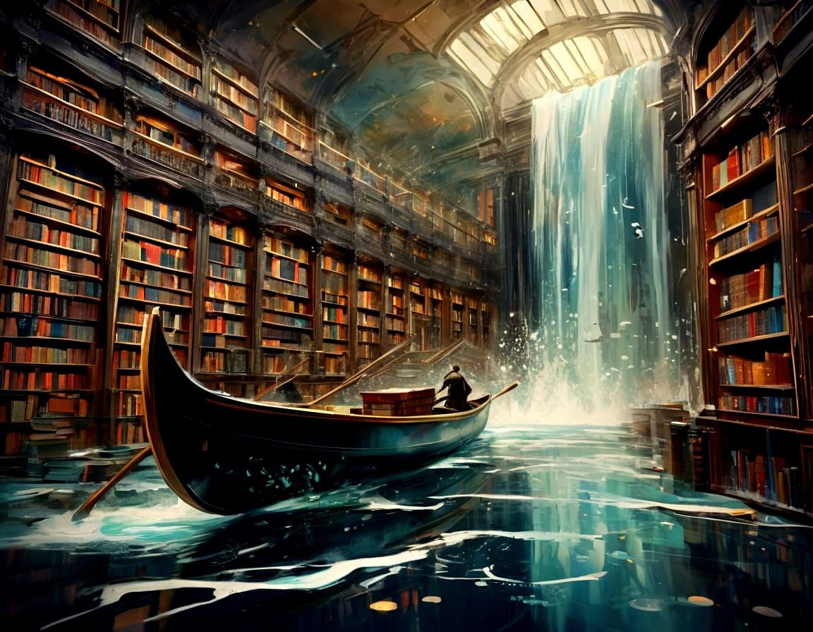 Waterfall Library in Abstract Expressionist Style