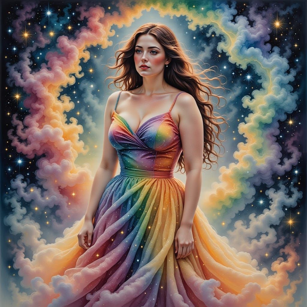 Gorgeous Curvy Brunette in Vibrant Rainbow Dress