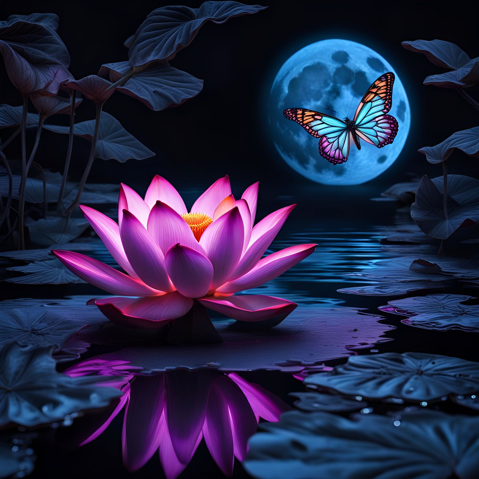 Neon Lotus Flower with Butterfly in Black Light