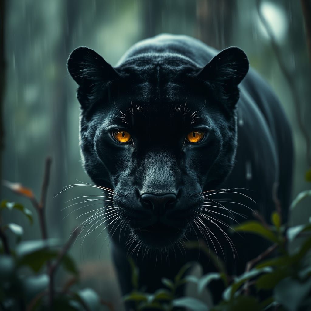 Black Panther's Intense Gaze in Rainy Forest