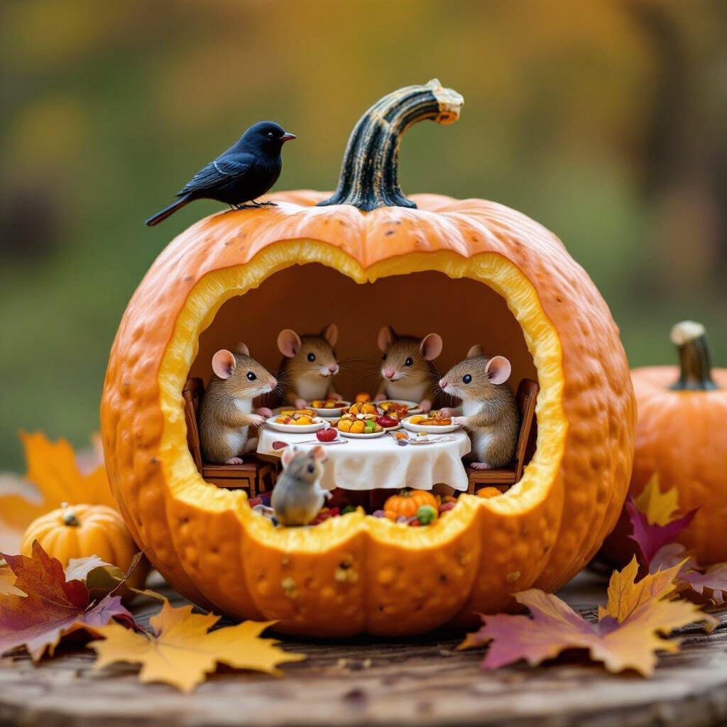 Tiny Mice Feast Inside Open Gourd with Fall Leaves