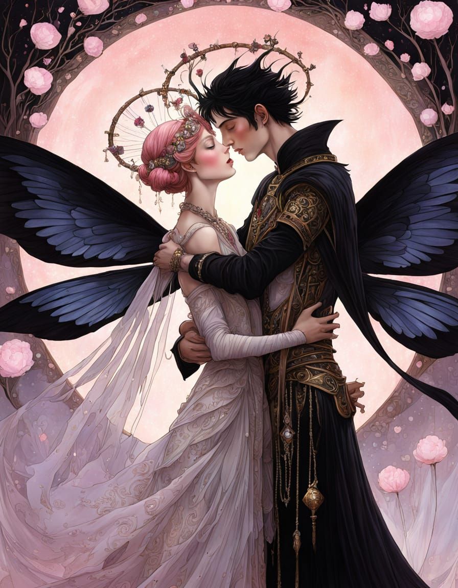 Dark Fae Royalty Embracing in Ethereal Light