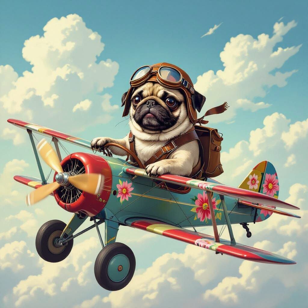 Pug Aviator Soaring in Biplane: Nostalgic Art Deco