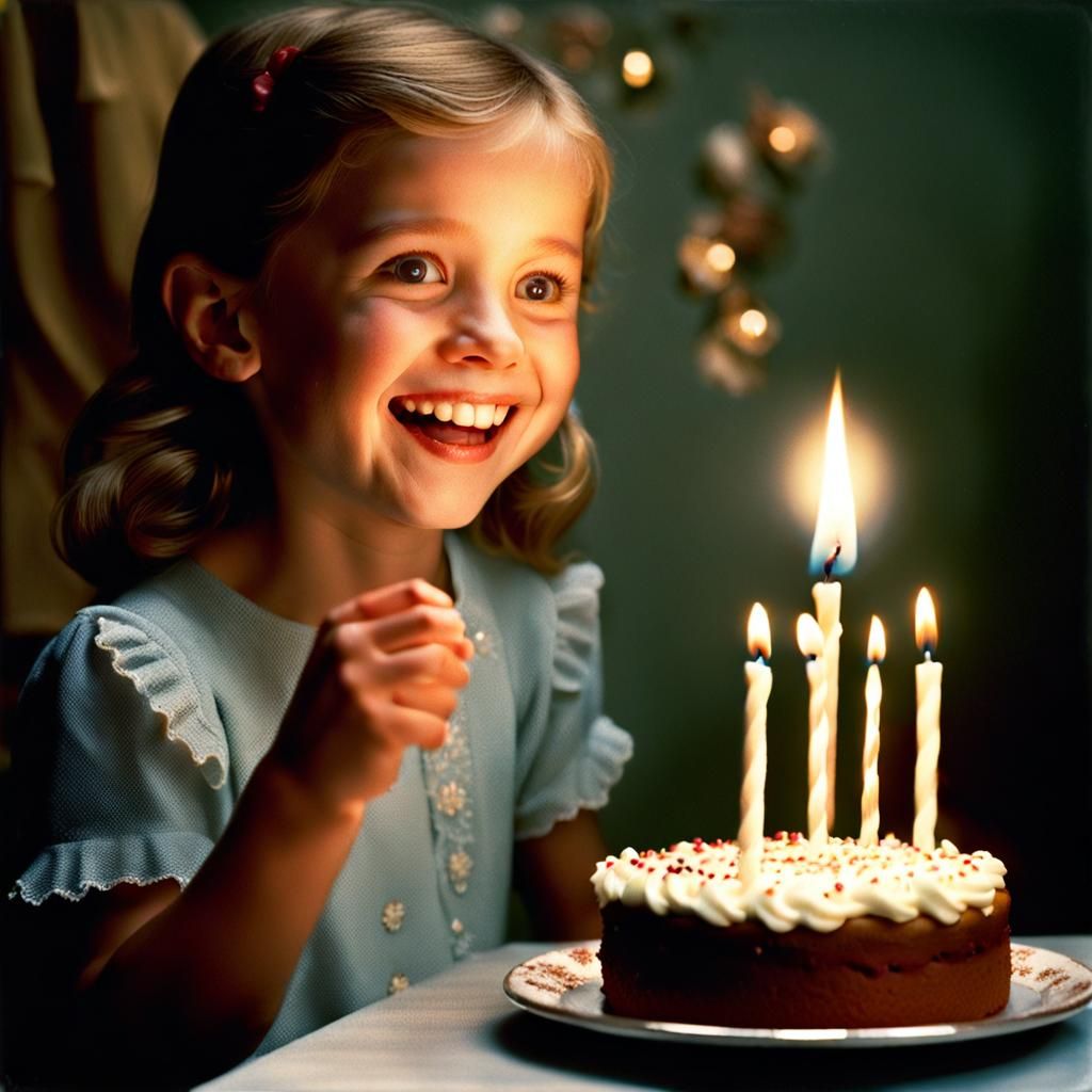 Excited Girl and Birthday Cake, Photorealistic Style