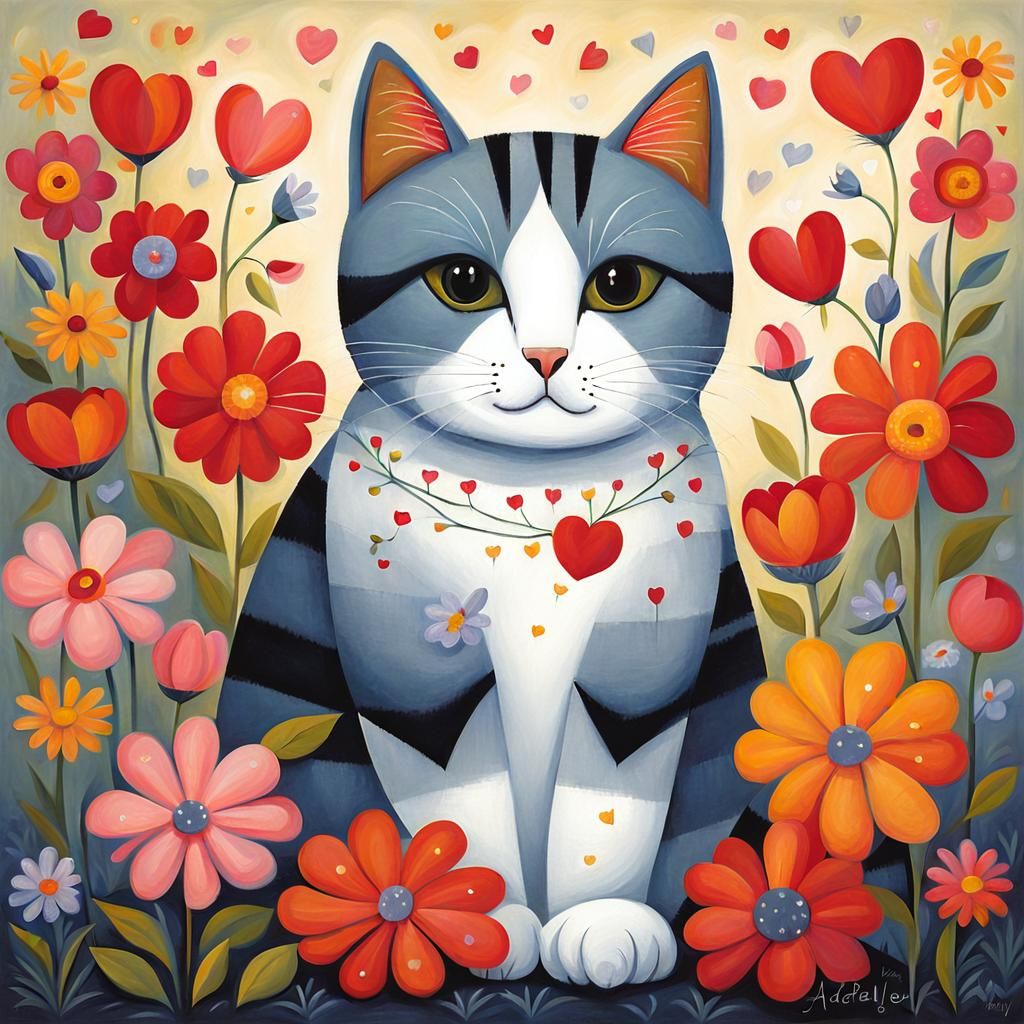Charming Cat with Flowers and Heart Lights