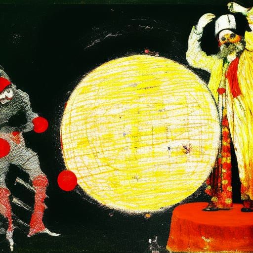 Clowns Perform in Spherical Circus, Impressionistic Style