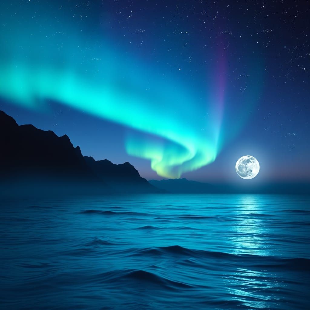Dusk Ocean Landscape with Aurora Borealis