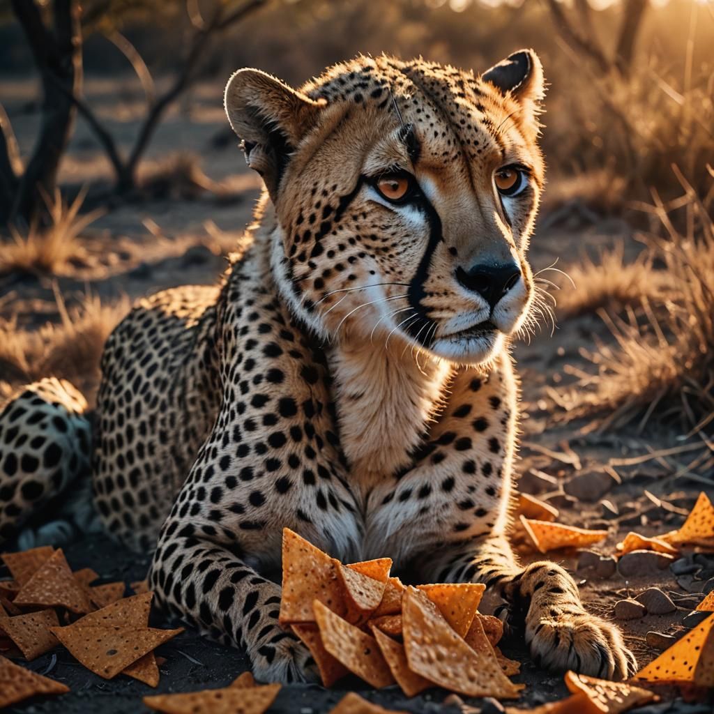 Cheetah Eating Doritos in Film Noir Style