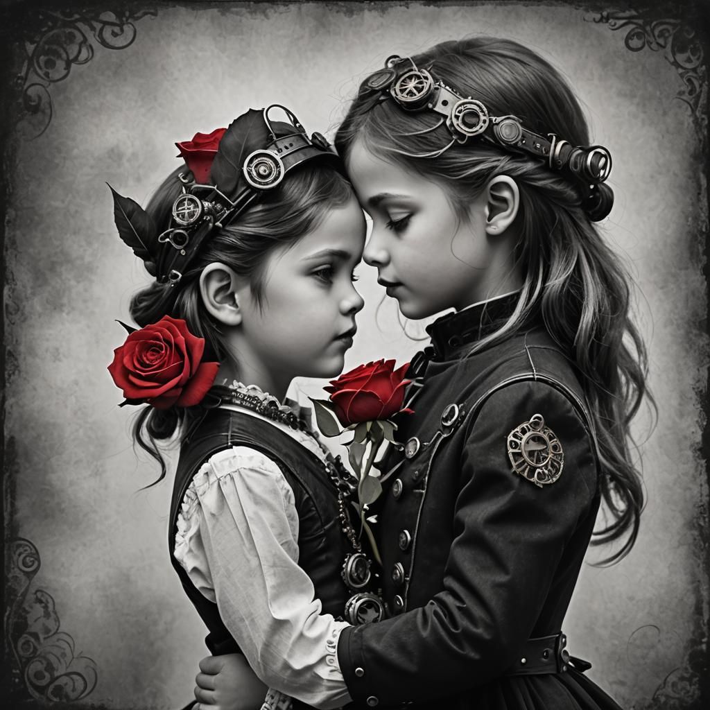 Steampunk Girl with Rose in Black and White