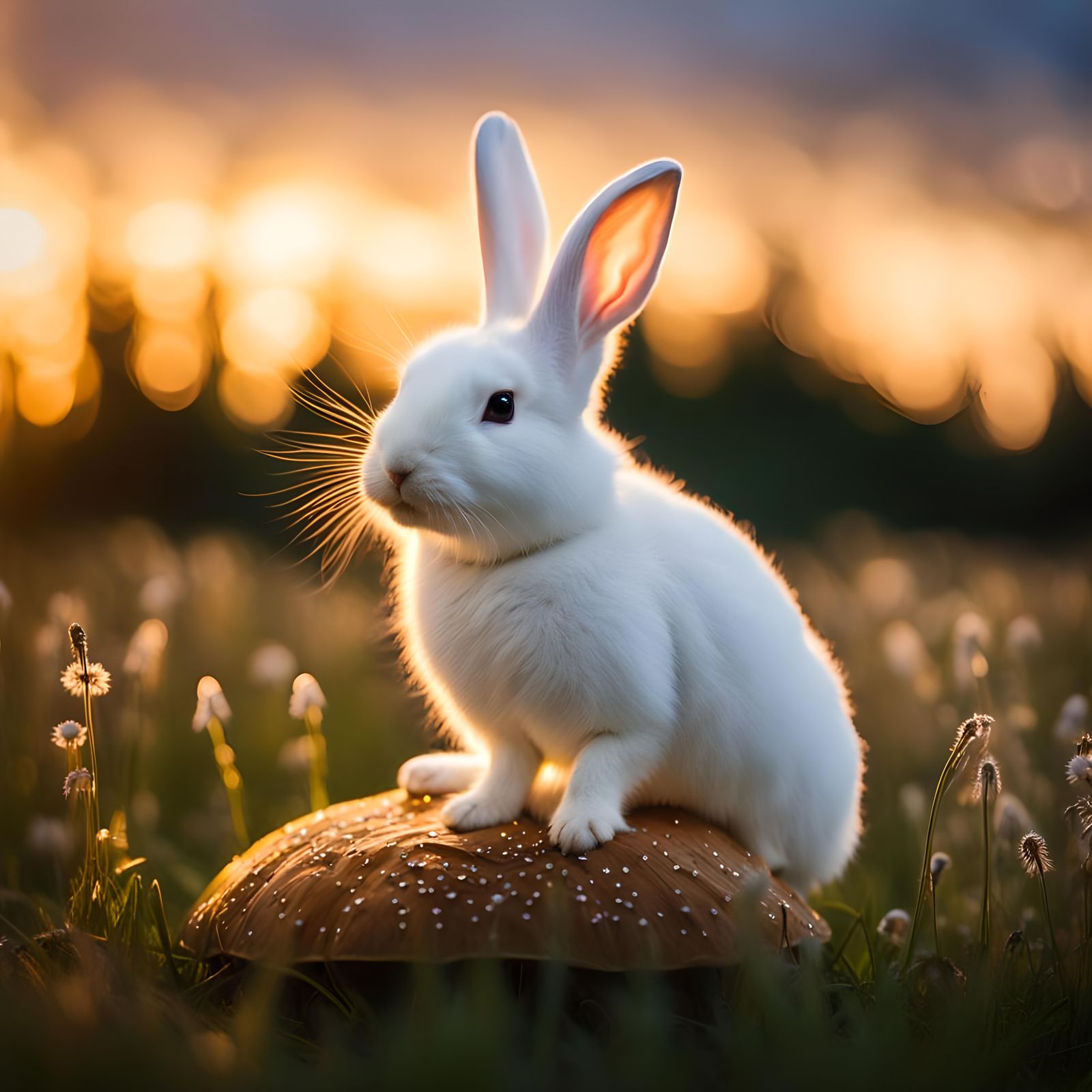 White Rabbit on Mushroom at Dusk