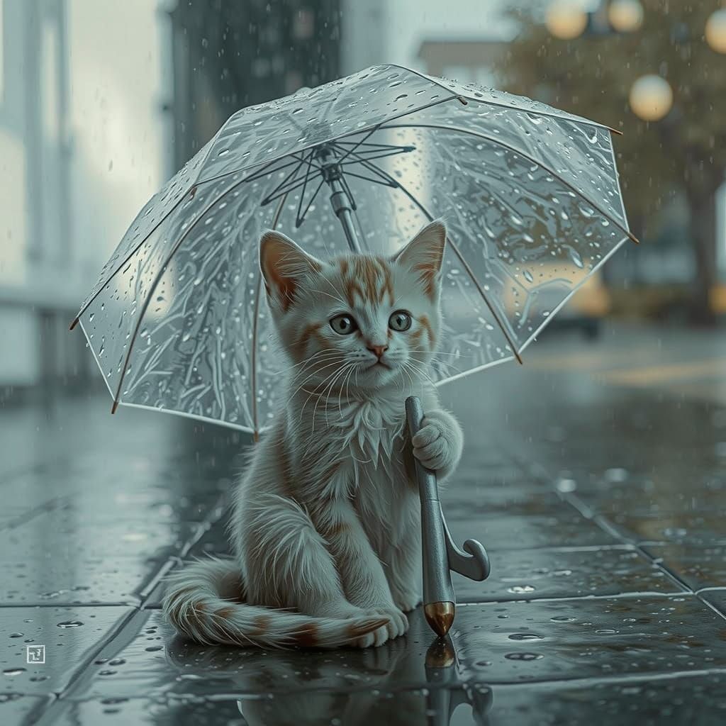 Ultra-realistic photo of a small off-white kitten sitting on the pavement in the rain, under a large clear patio umbrell...