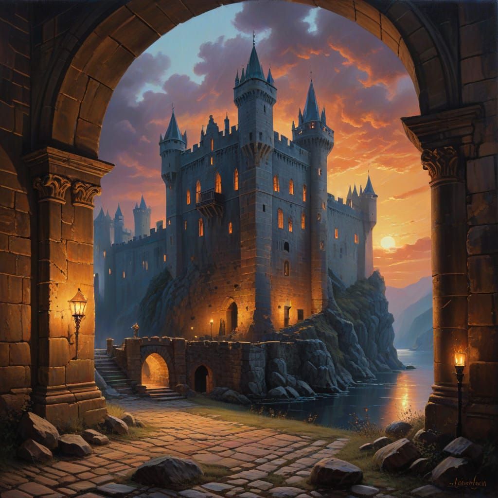 Medieval Castle at Dusk in Eerie Oil Painting