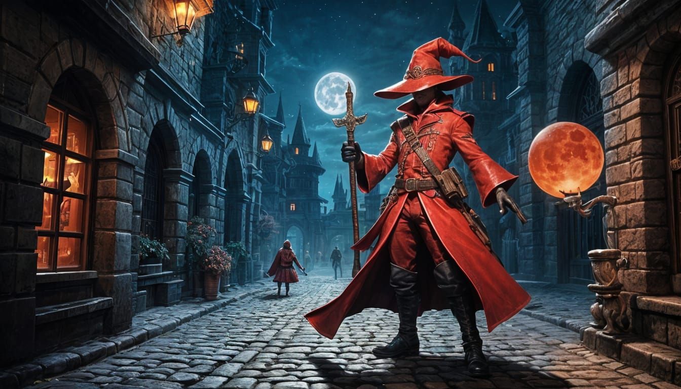 Red Mage Hunts Monster in Dark Fantasy Style